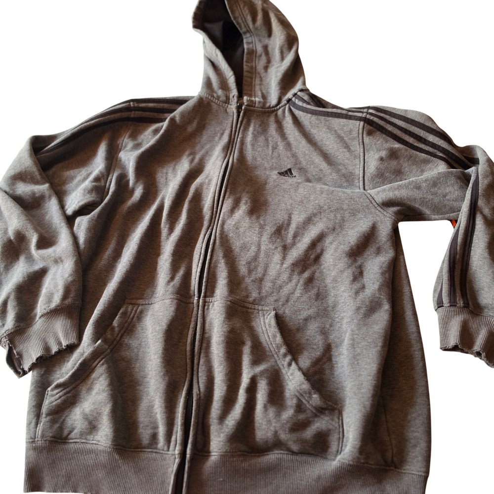 Adidas Mens Full Zip Hoodie Gray 3 Stripe Fleece Sweatshirt Large